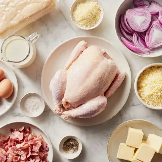 A whole raw chicken lies on a white plate, positioned in the lower left corner with its pale pink skin and folded wings. Around it are several small white bowls and a clear glass measure filled with milk, placed on a white marbled surface. In the top right, a bowl holds sliced purple onion rings, and next to it, a bowl with small pieces of pink bacon. Below these, a bowl contains finely grated cheese, another has white powder likely flour, and a smaller bowl holds black pepper and salt. At the bottom right, a bowl has crispy bacon bits, and near the bottom left are two sticks of butter side by side and a bowl with two white eggs. A beige package, possibly phyllo dough, is in the top left corner. Photo taken with an iphone --ar 4:5 --v 7