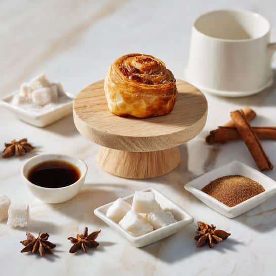 The image shows a small, golden brown baked pastry placed on a light wooden stand with a small cup of dark brewed tea below it. Surrounding the pastry and tea are three small white square dishes, two filled with white sugar cubes and one with brown powdered spice. There are star anise pods and cinnamon sticks scattered casually around the setup. The background and surface have a white marbled texture, and a white cup and white plate are partially visible. A woman's hand slightly touches the wooden stand holding the pastry. Photo taken with an iphone --ar 4:5 --v 7