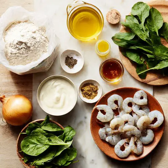 The image shows a wooden table with various cooking ingredients arranged neatly. There is a white bag of all-purpose flour on the left, next to a small white bowl filled with cream. Above the bowl are three small piles of spices: black pepper, garlic powder, and salt. To the right, a small glass cup contains oil. Next to it, a bunch of fresh green spinach leaves lie flat. Above the spinach is a bottle of yellow mustard, a yellow onion, a white carton of chicken broth, a bottle of Sriracha sauce, and a pile of raw shrimp. The background is a white marbled texture. photo taken with an iphone --ar 4:5 --v 7