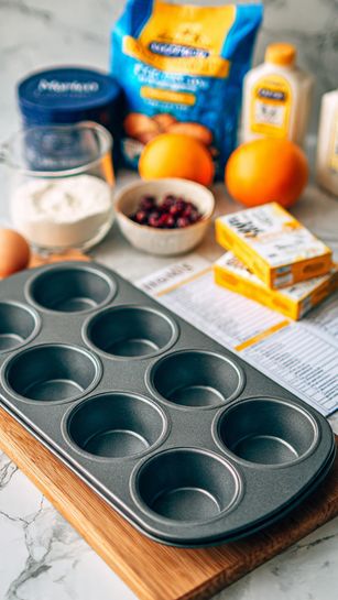 The image shows a wooden countertop with baking ingredients arranged on it. In the front is a dark gray muffin tray with six empty molds. Behind it, from left to right, there is a dark blue container of Morton salt, a clear glass measuring cup filled with milk, a blue and yellow bag of Gold Medal all-purpose flour, a bottle of imitation vanilla extract, an orange, a white bag of dried cranberries, a white egg, a stack of cream cheese boxes, and a white lined recipe card with handwritten notes. The background and surface are a white marbled texture. Photo taken with an iphone --ar 4:5 --v 7
