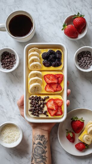 A rectangular white tray contains a vibrant dessert divided into four equal sections by fruit topping. The top left section is covered with thin, round banana slices arranged neatly in rows on a creamy yellow base. The top right section has scattered dark purple blueberries on the same smooth yellow base. The bottom left section shows small chocolate chips spread across the yellow surface. The bottom right section features thinly sliced strawberries arranged in a flower pattern, bright red on yellow. Around the tray are small white bowls with chocolate chips and what looks like grated coconut, a cup with dark liquid, fresh whole strawberries, and a slice of the dessert on a white plate. A woman’s hand is holding the tray over a white marbled surface. photo taken with an iphone --ar 4:5 --v 7