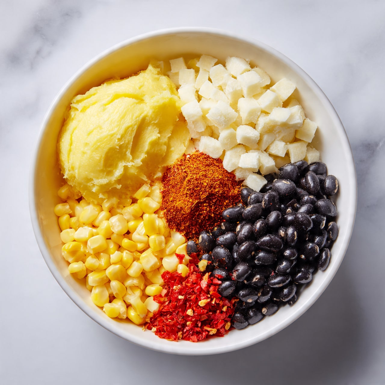 The image shows a white bowl filled with six different ingredients placed side by side in layers. On the top left is a soft yellow layer, which looks creamy and smooth. Next to it on the top right is a white layer made of small, square pieces. Below the creamy yellow layer on the left is a bright yellow layer made of small kernels. To the right of the yellow kernels is a small mound of red spice. Beside the spice, slightly to the right, is a large area filled with small black beans. At the bottom of the bowl, below the beans and spice, is a red layer made of small chopped pieces. The bowl is placed on a white marbled surface. Photo taken with an iphone --ar 4:5 --v 7