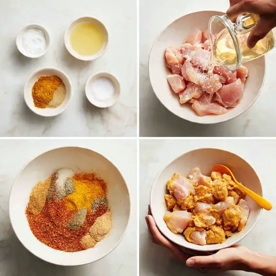 A white bowl sits on a white marbled surface filled with chunks of light pink raw chicken pieces. Next to the bowl are small white dishes holding white powder, light yellow paste, and a light cream sauce. In the second image, a woman's hand is pouring a small amount of clear liquid over the chicken, which is sprinkled with white salt. In the third image, the bowl now has many bright red and brown spices sprinkled on the chicken pieces, with a yellow spoon resting on the edge of the bowl. The fourth image shows a woman's hands holding the bowl filled with chicken coated in the spice mix, giving the chicken a reddish-orange color, and the yellow spoon is mixed in. Photo taken with an iphone --ar 4:5 --v 7