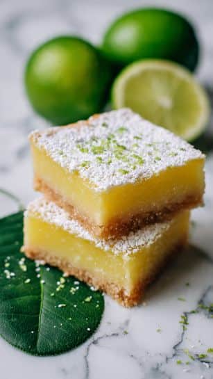 The image shows a stack of two dessert bars on a white marbled surface. Each bar has three layers: a light brown crumbly base at the bottom, a thick pale yellow creamy middle layer, and a dusting of white powdered sugar on top. The top bar is garnished with a small slice of lime placed slightly off-center. The edges of the bars show a soft, creamy texture, and the bars are placed on a small piece of white paper. The background has another similar dessert bar slightly blurred, and powdered sugar is scattered around. Photo taken with an iphone --ar 4:5 --v 7