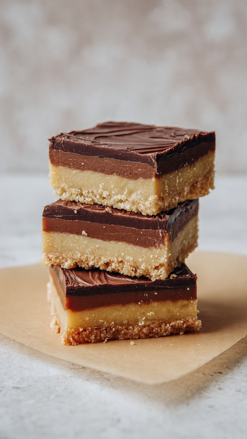 The image shows a stack of three thick square bars with two distinct layers each. The bottom layer is a light brown, textured oatmeal or cereal mixture with a rough, crumbly surface. The top layer is a smooth, dark chocolate coating with gentle waves and a glossy finish. The bars are placed on a flat white marbled surface with a blurred background, and the stack leans slightly to one side, showing the texture and thickness of each bar clearly. Photo taken with an iphone --ar 4:5 --v 7