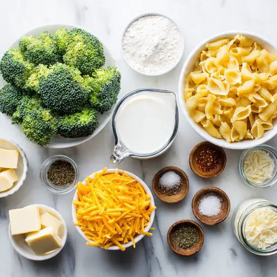 The image shows several ingredients on a white marbled surface arranged neatly. There is a white bowl filled with fresh green broccoli florets on the left, and next to it a white measuring cup filled with dry yellow shell pasta on the right. Above the pasta, a white bowl holds shredded orange-yellow cheddar cheese. In the center, a clear glass measuring cup contains white milk. Around these main bowls, smaller dishes hold various ingredients: a white round bowl with pale butter slices on the bottom left, a small white bowl with white flour next to it, and five small brown wooden bowls with different spices including black pepper, mustard powder, garlic powder, salt, and red pepper flakes. A small clear glass jar on the far right contains grated white cheese. The overall look is bright with a mix of vibrant green, yellow, and white colors on a clean white marbled background. Photo taken with an iphone --ar 4:5 --v 7