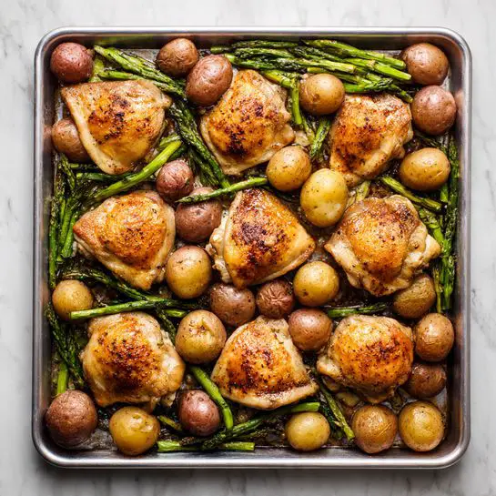 The image shows a baking tray filled with food arranged in two clear sections. On the lower half of the tray, there are six pieces of golden-brown cooked chicken thighs with a slightly glossy surface. The upper half of the tray holds many small, round potatoes with a brown, smooth skin, and green asparagus spears mixed in, laying in between the potatoes. The tray is placed on a white marbled surface. Photo taken with an iphone --ar 4:5 --v 7