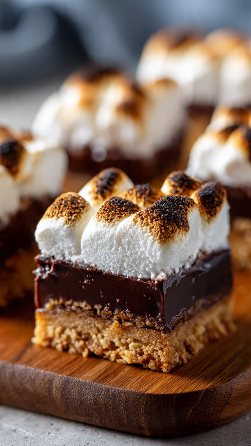 The image shows three thick, square cookie bars stacked unevenly on a white marbled surface. Each bar has a golden brown, soft-looking cookie base with visible chunks of dark chocolate and slightly melted white marshmallows spread throughout. The texture of the cookie is crumbly and dense, with the marshmallows peeking out from the top layer, creating a contrast of dark brown and creamy white colors. The stacked bars cast soft shadows, adding depth to the image. photo taken with an iphone --ar 4:5 --v 7