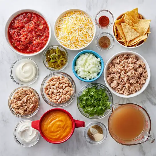 The image shows multiple clear and white bowls on a white marbled surface, each containing different cooking ingredients arranged neatly. Starting from the top left, there is a white bowl filled with chunky red tomato sauce, a clear bowl with shredded cheese, and two small clear bowls with red and brown spices. Next, there is a white bowl filled with chopped white onions, beside a white bowl holding folded tortilla chips. To the right of that is a clear bowl of fresh green cilantro leaves and a red bowl filled with light-colored beans. Toward the bottom left, a red bowl holds peanut-like beans while a blue bowl contains smooth orange pumpkin puree. Just next to it is a clear glass measuring cup filled with light brown broth. There is also a clear bowl with chopped green bell peppers, a small clear bowl of minced garlic, a white small bowl of salt, a clear bowl of sour cream, a larger clear bowl with raw ground meat, a small clear bowl with light oil, and two small clear bowls with various brown spices. The items are spaced evenly and viewed from above, capturing all the details clearly. photo taken with an iphone --ar 4:5 --v 7
