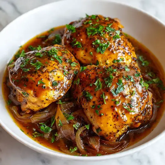 The image shows a white pot filled with six pieces of cooked chicken thighs, each coated in a shiny, thick orange-brown sauce with a smooth texture. The chicken pieces are arranged in two visible rows, partially submerged in the sauce, and sprinkled with small green herbs on top, adding a pop of color. The pot sits on a white marbled surface, with some sauce residue visible along the sides inside the pot. photo taken with an iphone --ar 4:5 --v 7