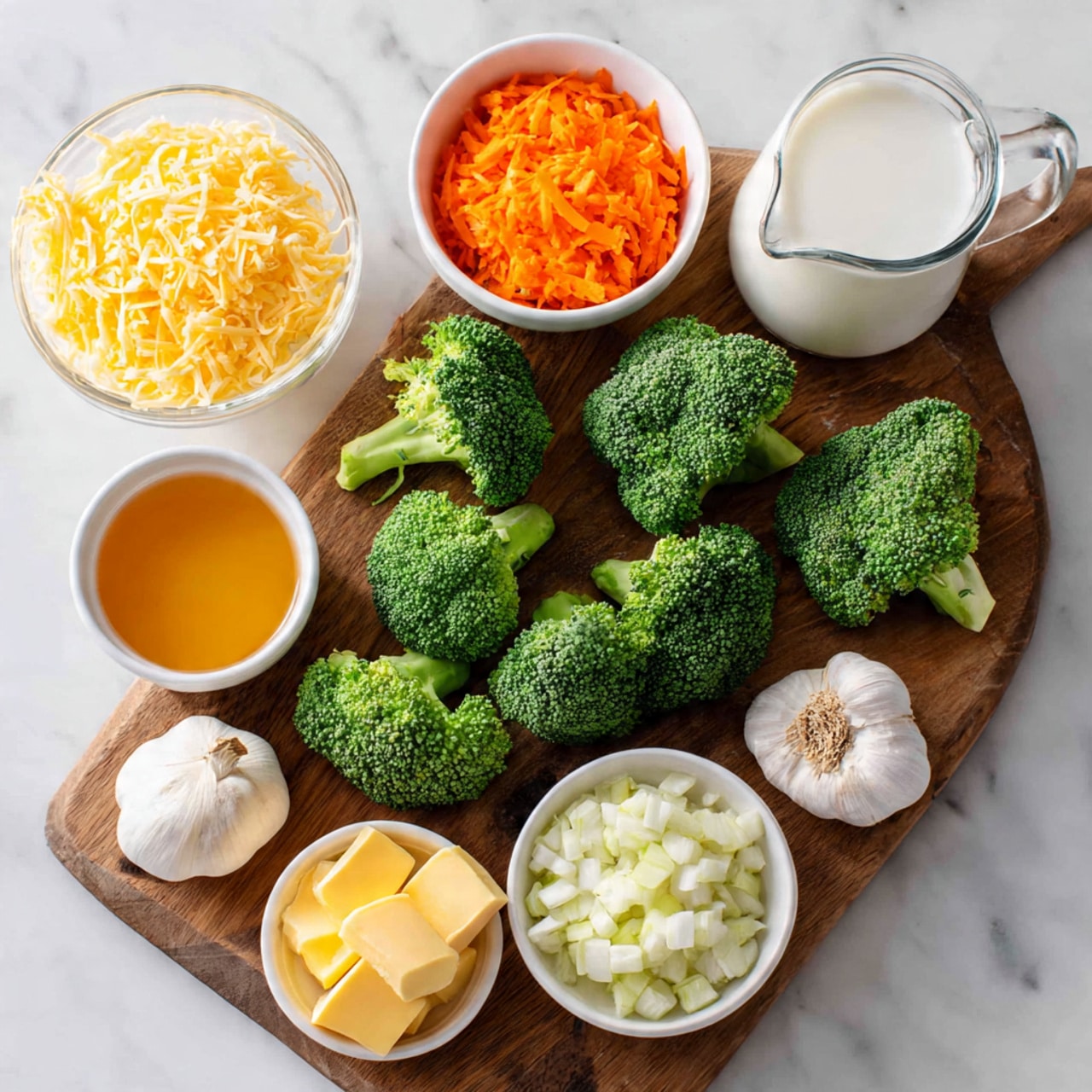 The image shows a wooden cutting board on a white marbled surface, filled with fresh green broccoli pieces scattered around. At the top left of the board is a small white bowl containing bright orange shredded carrots. Near the center bottom of the board, there are three garlic cloves. Surrounding the cutting board are several ingredients in white bowls: at the bottom left, a bowl of clear orange liquid, above it a bowl of finely chopped white onions, to the right of the onions a small bowl with yellow butter pieces, and to the top left corner of the image, a pile of shredded yellow cheese. In the background, off the wooden board, there is a tall glass of white milk and a white pot on the white marbled surface. The scene is brightly lit, showing fresh and colorful ingredients arranged for cooking. photo taken with an iphone --ar 4:5 --v 7