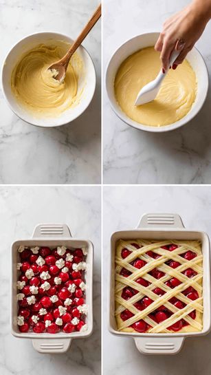 The image shows four steps of making a cherry dessert in a white bowl and white pan on a white marbled surface. In the first square, a thick, light yellow batter is in a white bowl with a wooden spoon resting inside it. In the second square, the batter is smooth and creamy in the same white bowl with a woman's hand holding a white spatula mixing it. The third square shows a half-filled white pan: the bottom layer is a smooth yellow batter, topped with bright red cherries, and some small dollops of batter placed on top of the cherries. In the fourth square, the white pan shows the cherries covered with a layer of crisscrossed pale batter strips, giving a woven effect on top. Photo taken with an iphone --ar 4:5 --v 7