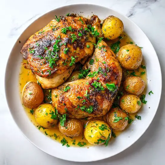 Honey Garlic Chicken Thighs with Roasted Potatoes Recipe - Recipe Image