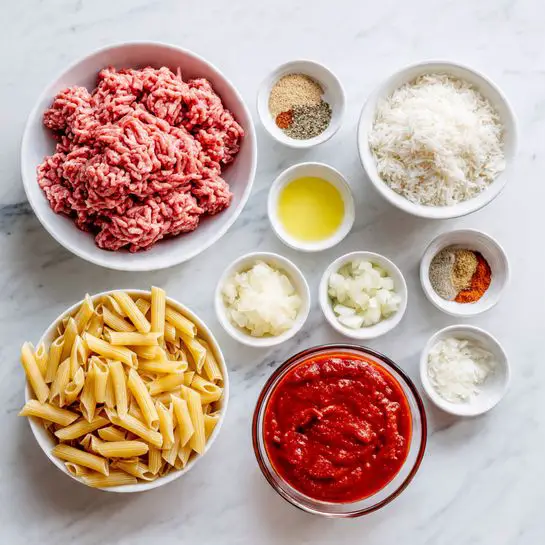 The image shows a flat lay of cooking ingredients arranged neatly on a white marbled surface. There is a white bowl filled with raw ground meat in a reddish-pink color on the top left. To the right of it is a white bowl full of white rice. Below these, there is a cluster of small white bowls containing various spices, minced garlic, chopped onions, and a light yellow liquid, likely oil. At the bottom right, a clear glass bowl is filled with thick red tomato sauce. In the middle left, there is a pile of uncooked tube-shaped yellow pasta. The colors range from red, white, yellow, and light brown, with smooth and coarse textures in different bowls. photo taken with an iphone --ar 4:5 --v 7