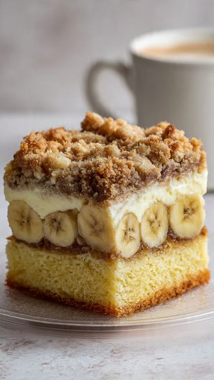 The image shows a close-up of a thick slice of crumb cake with three visible layers. The bottom layer is a light yellow, soft sponge cake. The middle layer is a thin, darker brown cinnamon swirl that runs horizontally through the cake. On top is a thick crumb layer made of golden brown, crumbly streusel with a rough texture, and it is drizzled with white icing in thin, uneven lines. The cake slice sits on a piece of brown parchment paper on a surface with a white marbled texture. Photo taken with an iphone --ar 4:5 --v 7