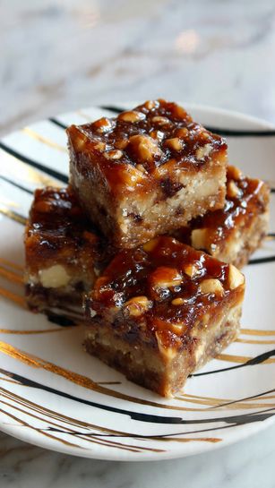The image shows four square pieces of a golden brown dessert stacked on a white plate with black and gold lines. The dessert looks crunchy with visible bits of nuts and caramel swirled throughout the top layer. The surface of the dessert is slightly uneven with textures from the nuts and caramel on top, giving it a rich and sticky look. The plate sits on a white marbled surface, and the background is softly blurred to focus on the dessert. photo taken with an iphone --ar 4:5 --v 7