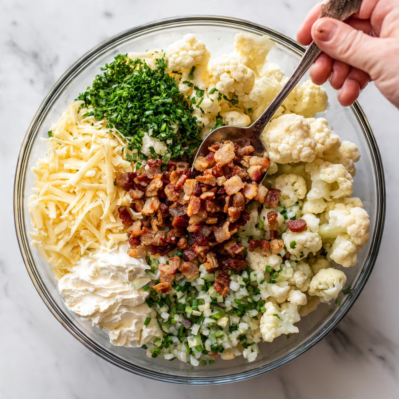 A clear glass bowl sits on a white marbled surface, filled with layers of different foods. At the bottom, there is a mix of pale yellow shredded cheese and creamy white sour cream on the left side. Next to these, there is a layer of small brown cooked bacon pieces in the center. On the right side, there is a portion of finely chopped green onions and small pieces of white cauliflower. On top of everything, there is a sprinkle of bright green fresh herbs. Near the bowl, a woman's hand holds a spoon over the ingredients. Photo taken with an iphone --ar 4:5 --v 7