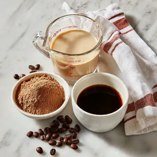 The image shows three containers on a white marbled surface: a clear glass measuring cup filled with a light cream-colored liquid, a small white bowl holding beige powder, and a medium white bowl with dark coffee or liquid inside. Next to them, a white cloth napkin with red and brown stripes is partially visible. The scene is clean and bright, with few coffee beans scattered around the bowls. Photo taken with an iphone --ar 4:5 --v 7