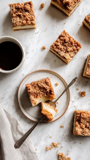 The image shows six square pieces of cinnamon swirl cake with a textured, golden-brown top layer filled with cinnamon swirls. One piece is on a small white plate with a thin beige rim, with a fork holding a bite-sized piece showing the soft, light beige inside of the cake. Around the plate, more cake squares are placed on a white marbled surface, some with small crumbs scattered around. To the left, there is a white cup filled with dark black coffee. A light gray cloth is folded in the bottom right corner. The photo taken with an iphone --ar 4:5 --v 7