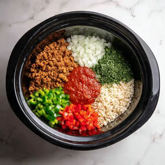 Inside a black slow cooker, there are six clear layers each in small piles next to each other. At the top left is light brown cooked ground meat with a crumbly texture. To its right is pale white chopped onion, slightly translucent. Below the onions is a small mound of green dried herbs. Next to the herbs is light beige uncooked rice with a grainy texture. Under the rice sits a large smooth dollop of bright red tomato sauce. To the left of the sauce, there are red and green diced bell peppers with a fresh, shiny look. The whole slow cooker rests on a white marbled surface photo taken with an iphone --ar 4:5 --v 7