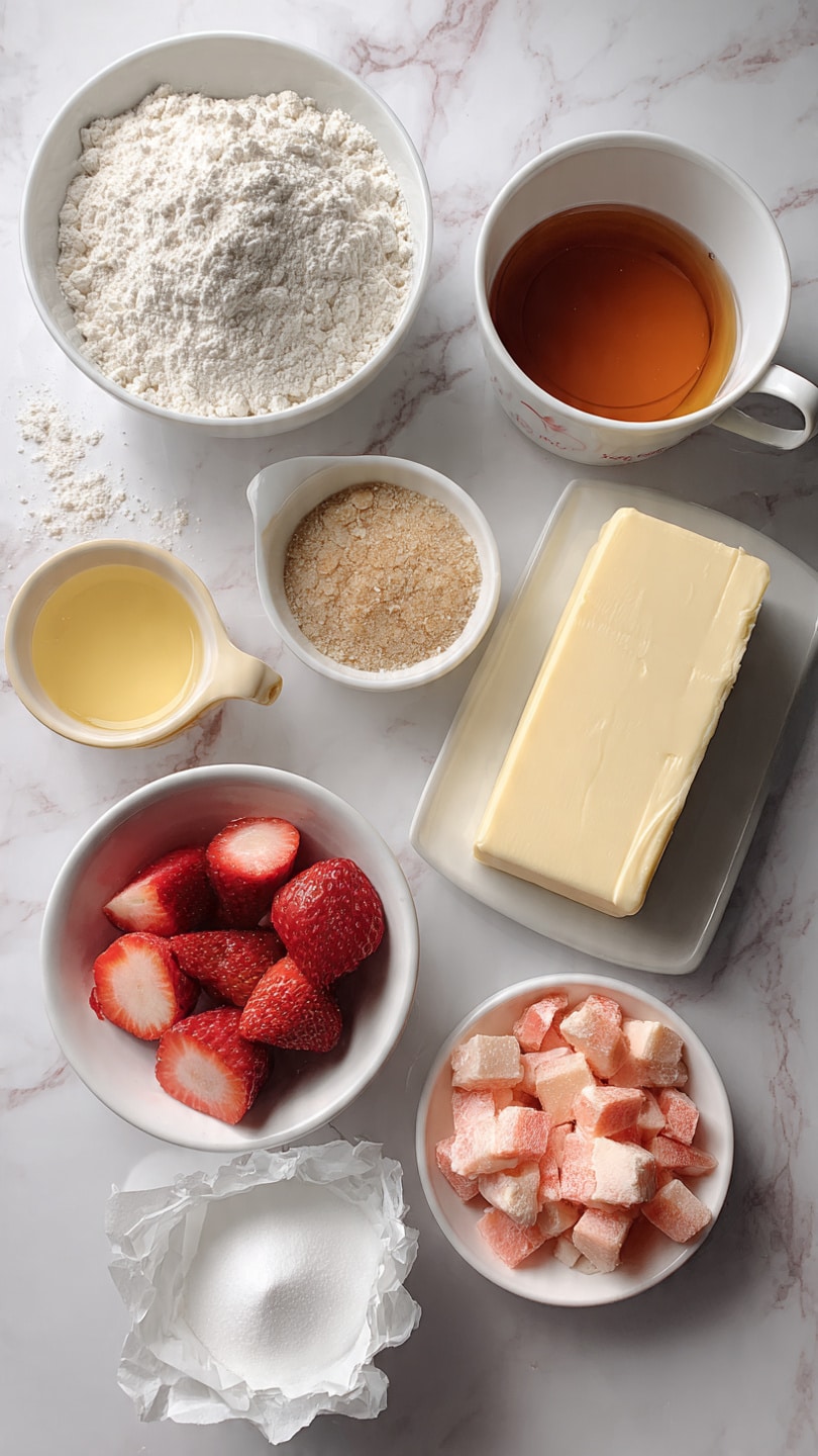 The image shows an overhead view of various ingredients on a white marbled surface neatly arranged: a white bowl with white flour, a white bowl with rolled oats, a white measuring cup with light brown sugar, a white bowl with fresh red strawberries, a white bowl with chopped pieces of a pinkish fruit, a small white bowl with lemon juice, a small white bowl with white sugar, a white block of butter still in its paper wrapping, and a small cup with dark amber liquid, likely maple syrup. The setup is clean and organized, showing all ingredients clearly for a recipe photo taken with an iphone --ar 4:5 --v 7