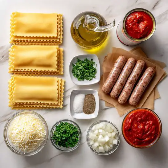 The image shows raw ingredients for a lasagna recipe neatly arranged on a white marbled surface. In the center, there are eight uncooked lasagna sheets stacked side by side, their light yellow color and ruffled edges visible. To the right are four uncooked sausage links placed on brown parchment paper. Above them, a clear glass bottle of olive oil sits next to two open cans of red tomato sauce. At the bottom right, a small glass bowl holds diced white onions. Further left, a tiny white square dish contains dried Italian seasoning, and next to it, three black-shake spice jars labeled black pepper, salt, and Italian seasoning are lined up. Nearby, two round glass bowls hold shredded mozzarella cheese and grated Parmesan cheese. Above these, a small white bowl contains chopped garlic, and another small white bowl above that has fresh green chopped parsley. At the top left corner, a small jar of tomato paste with a red lid completes the setup. The photo taken with an iphone --ar 4:5 --v 7