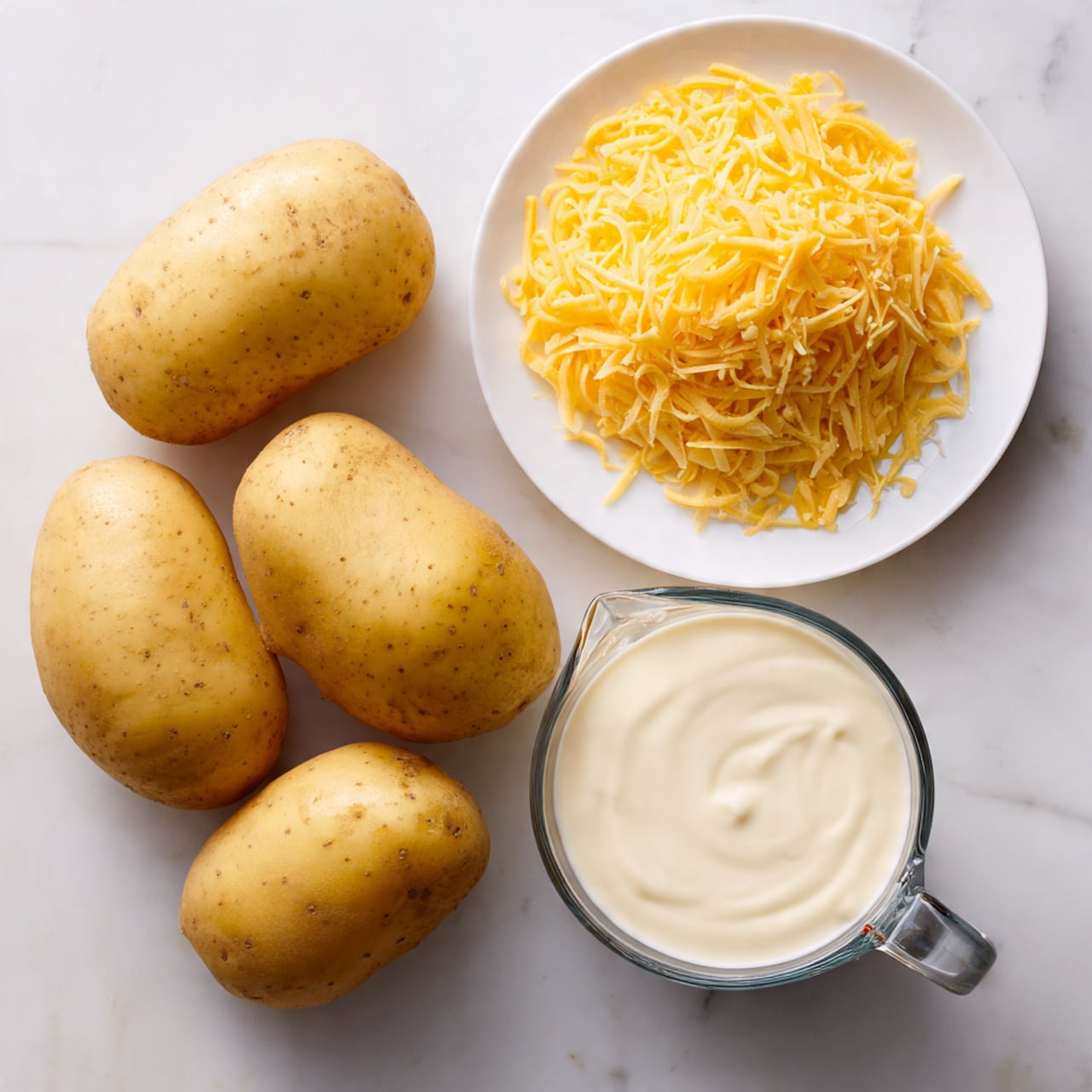 The image shows four whole yellow potatoes placed on a white marbled surface in the top left. To the right of the potatoes, there is a white plate with a pile of shredded yellow cheddar cheese. Below the potatoes, there is a clear glass measuring cup with milk, which is white and smooth in texture. Next to the measuring cup on the right, there is a small white bowl filled with creamy sauce that looks thick and light beige. Photo taken with an iphone --ar 4:5 --v 7