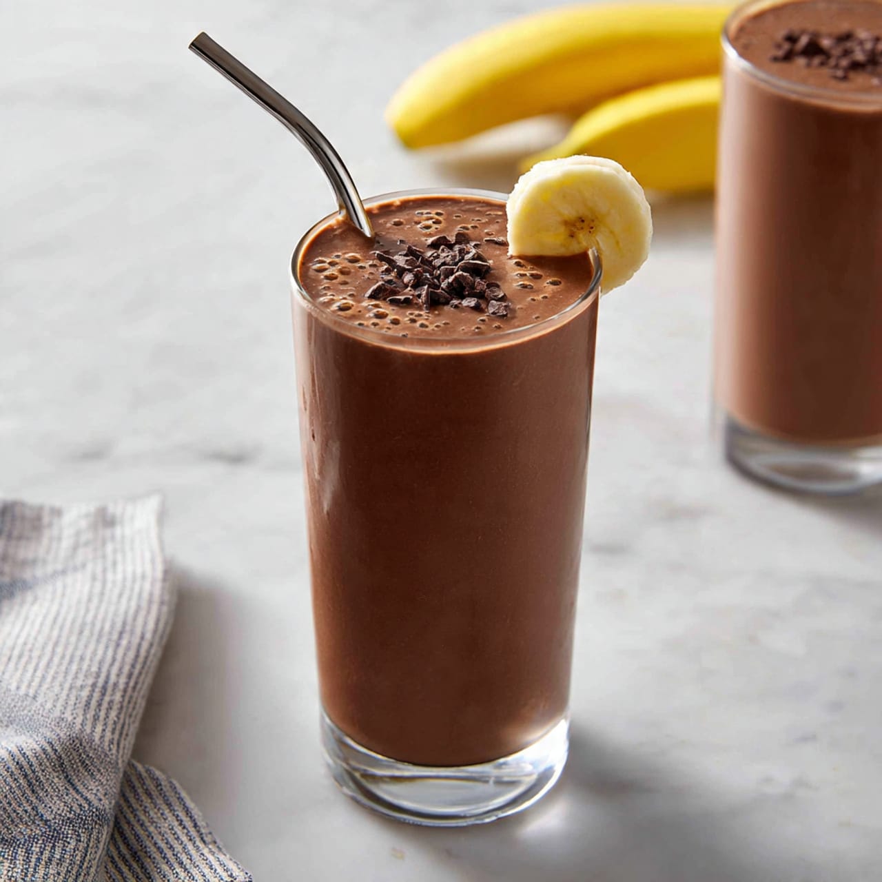 A tall clear glass filled with a smooth dark brown chocolate smoothie shows tiny bubbles on the surface. On top, there is a small pile of dark chocolate bits in the center. A thick banana slice is placed on the glass rim on the right side. A metal straw sticks into the drink from the left side. In the background, there is a second glass of the same smoothie, slightly blurred. The setting is a white marbled surface with a yellow banana and a gray and white striped cloth partially visible at the edges. Photo taken with an iphone --ar 4:5 --v 7