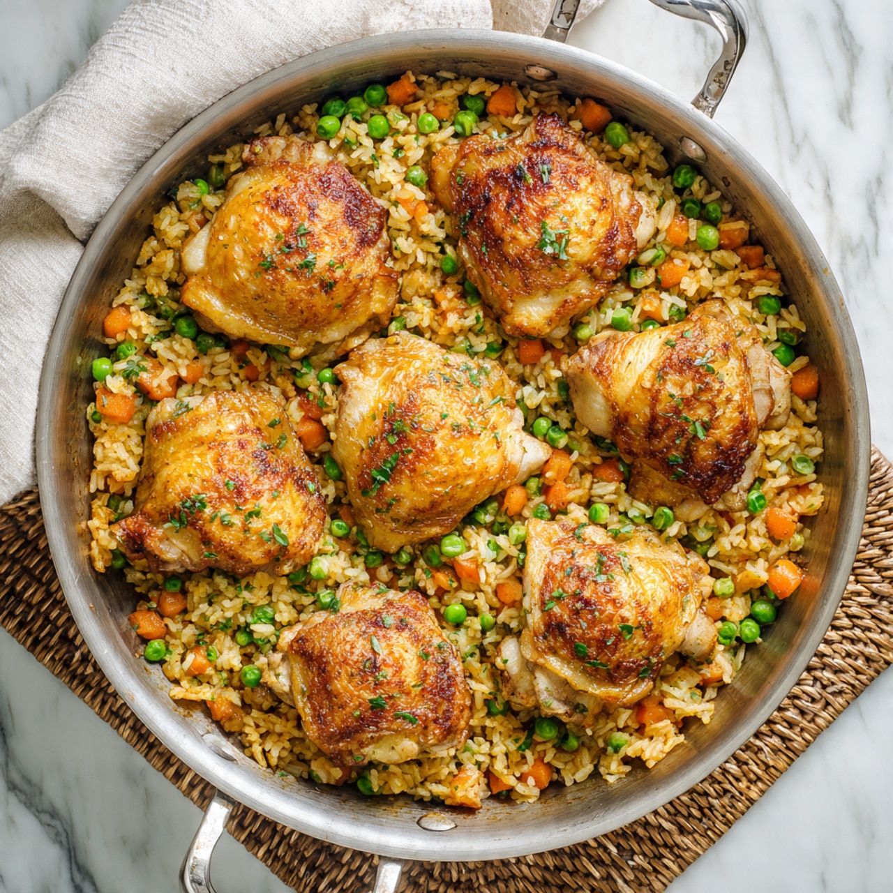 A metal pan filled with a layer of cooked rice mixed with small, bright green peas and diced orange carrots. On top, there are seven pieces of golden brown, cooked chicken thighs with crisp skin, scattered evenly across the pan. Small green herb bits are sprinkled over the chicken and rice, adding a fresh touch. The pan rests on a light woven mat, and the whole scene is on a white marbled surface. photo taken with an iphone --ar 4:5 --v 7