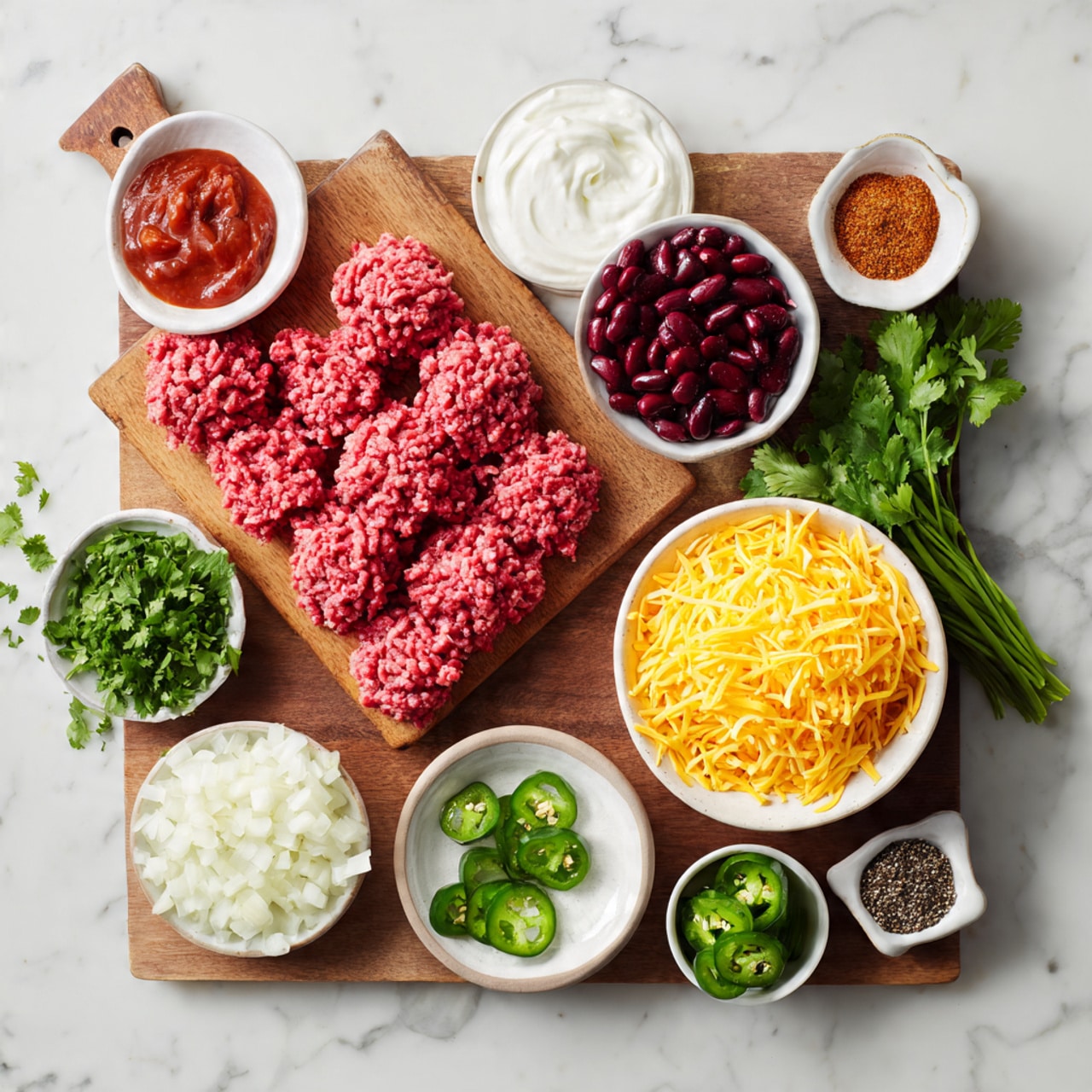 The image shows a wooden board with raw ground meat shaped in neat rows on the left side. Surrounding it on a white marbled surface are small white bowls with tomato sauce, red kidney beans, shredded yellow cheese, sour cream, chopped onions, green cilantro, sliced green chilies, and spices like chili powder and black pepper. The bowls are arranged neatly around the meat in a flat layout. Photo taken with an iphone --ar 4:5 --v 7