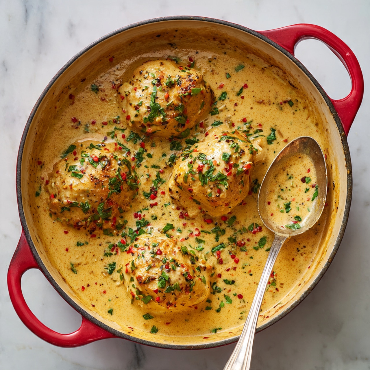 The image shows four pieces of cooked chicken in a white pan with a red handle, covered in a thick creamy sauce that is light beige in color. The sauce has a smooth texture and is speckled with red chili flakes and small green parsley pieces scattered on top and throughout the sauce. The chicken pieces are arranged evenly in the pan, partially submerged in the sauce, with a silver spoon resting in the right side of the pan, partly covered with sauce. The pan is placed on a surface with a white marbled texture. photo taken with an iphone --ar 4:5 --v 7