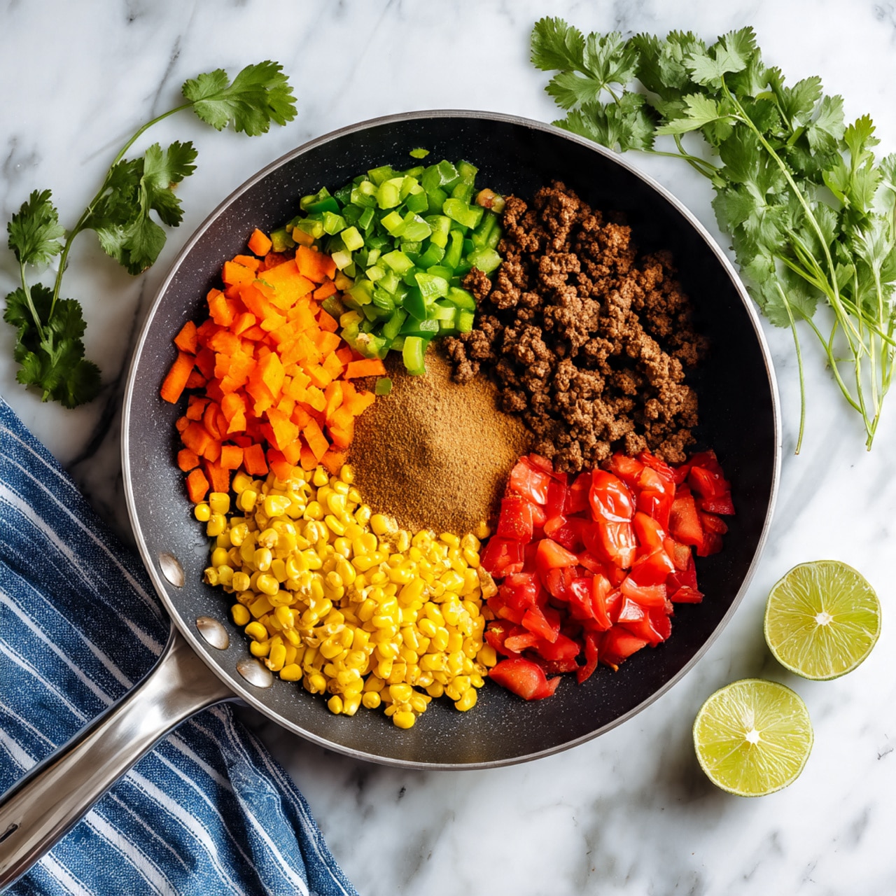 A black pan with a silver handle sits on a white marbled surface holding five clear layers arranged in a circle. Starting from the top left is a mix of bright orange and green diced vegetables with a soft texture. Next to it, there are dark brown cooked ground meat pieces with crumbly texture. In the center layer is a mound of finely ground brown spice powder. To the right, there are bright red chunks of tomatoes with a juicy look. At the bottom left is a mound of shiny yellow corn kernels. A white plate with lime wedges and green cilantro leaf sprigs is placed nearby, along with a blue and white striped cloth. photo taken with an iphone --ar 4:5 --v 7
