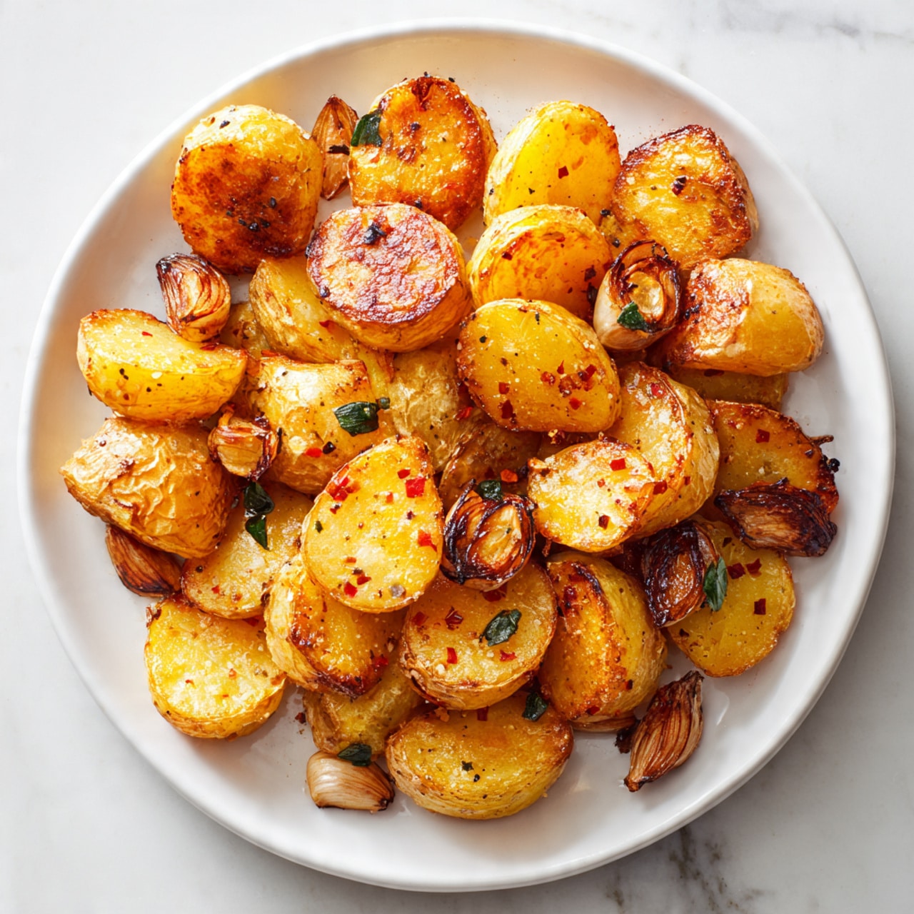 The image shows a white plate filled with golden roasted potato chunks layered unevenly, some pieces showing a crispy browned edge. Mixed in are small roasted garlic cloves with a caramelized surface, and tiny green herb leaves scattered over the potatoes, adding pops of color. The potatoes have visible seasoning like black pepper and red chili flakes giving a speckled texture on their surface. The plate rests on a white marbled texture background with soft natural light highlighting the warm tones of the roasted potatoes. photo taken with an iphone --ar 4:5 --v 7
