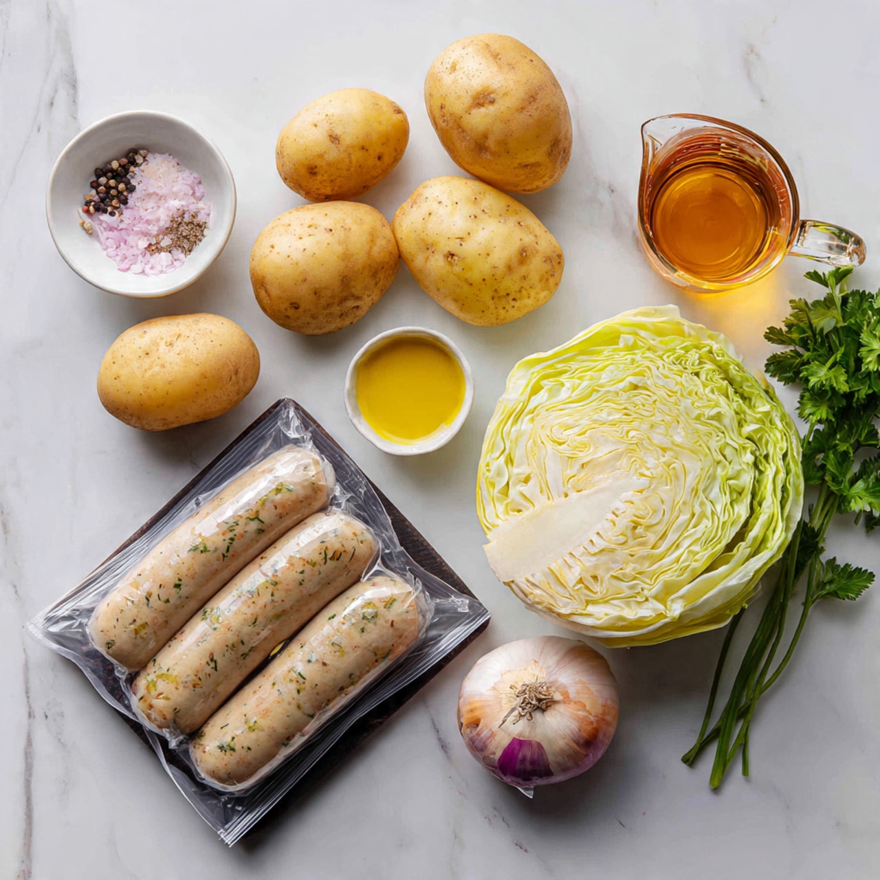 The image shows raw ingredients arranged on a white marbled surface, including four pale brown sausages with herbs in a transparent package on a dark rectangular base, three light brown potatoes with some dirt on the skins, one cut half green cabbage with tightly packed layers, a single whole yellow onion with a small root, a small white bowl with pink salt and black pepper, another small white bowl with golden oil, a white bowl containing mustard mixed with a reddish sauce, a glass measuring cup filled with amber-colored liquid, and some fresh green parsley leaves at the top right corner photo taken with an iphone --ar 4:5 --v 7