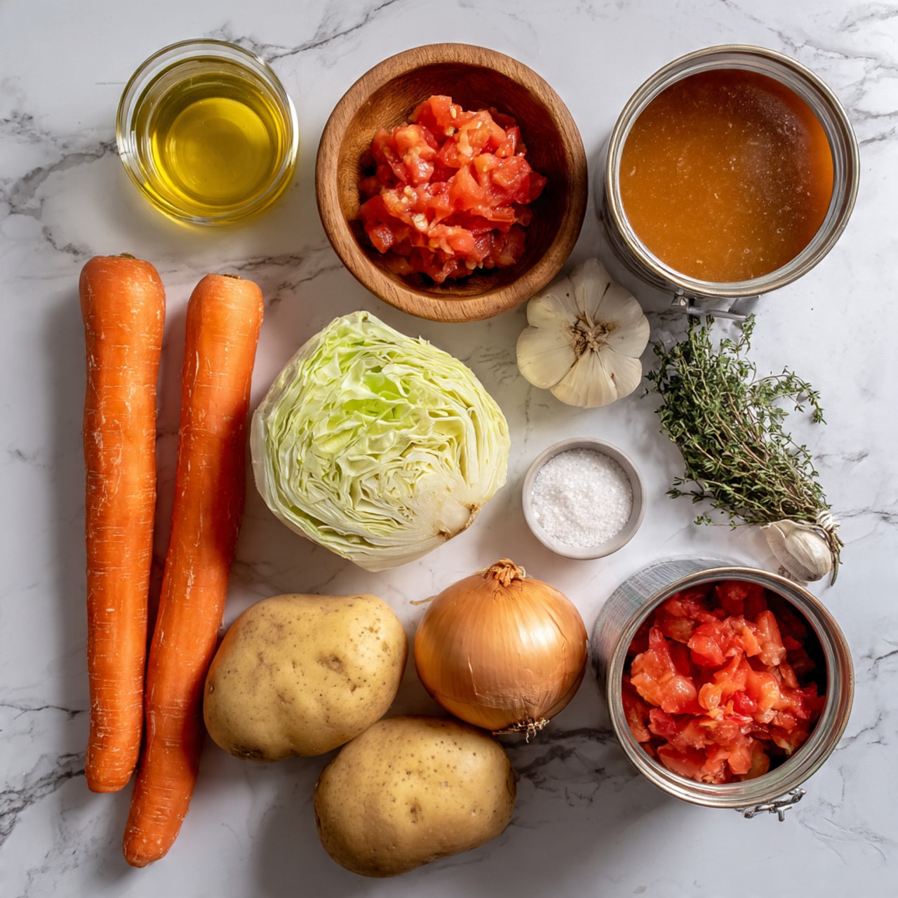 A top view of various cooking ingredients arranged on a white marbled surface: two whole orange carrots lying diagonally next to a small wooden bowl with chopped light green celery pieces; a large light brown onion and a small round head of green cabbage; two light brown potatoes placed near a glass bowl filled with brown broth; a medium glass jar with golden olive oil; a small white bowl containing light brown thyme leaves; three cloves of white garlic; a small wooden bowl holding fine salt; and two open cans showing bright red diced tomatoes. photo taken with an iphone --ar 4:5 --v 7