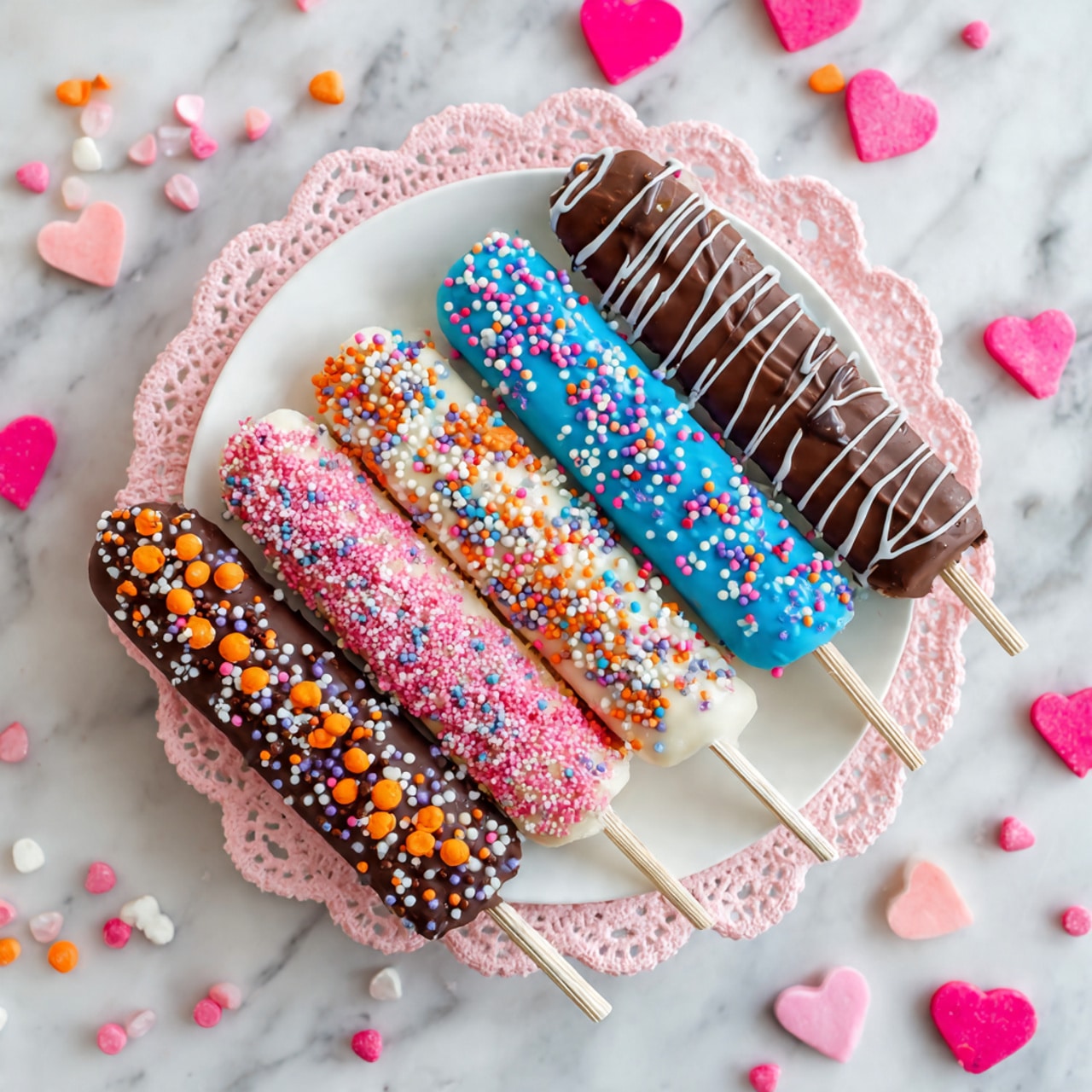 The image shows five wafer sticks placed in a circular shape on a white plate with a pink doily. Each wafer stick is dipped halfway in chocolate or colorful coating and decorated with different sprinkles: one with white chocolate and pink sprinkles, another with chocolate and white decorations, one with chocolate and small orange balls, one with bright blue coating and multicolored sprinkles, and another with chocolate drizzled in white lines with sprinkles. Around the plate, small pink and white heart-shaped candies are scattered on a white marbled surface. The scene looks bright and colorful, with a festive feel. photo taken with an iphone --ar 4:5 --v 7