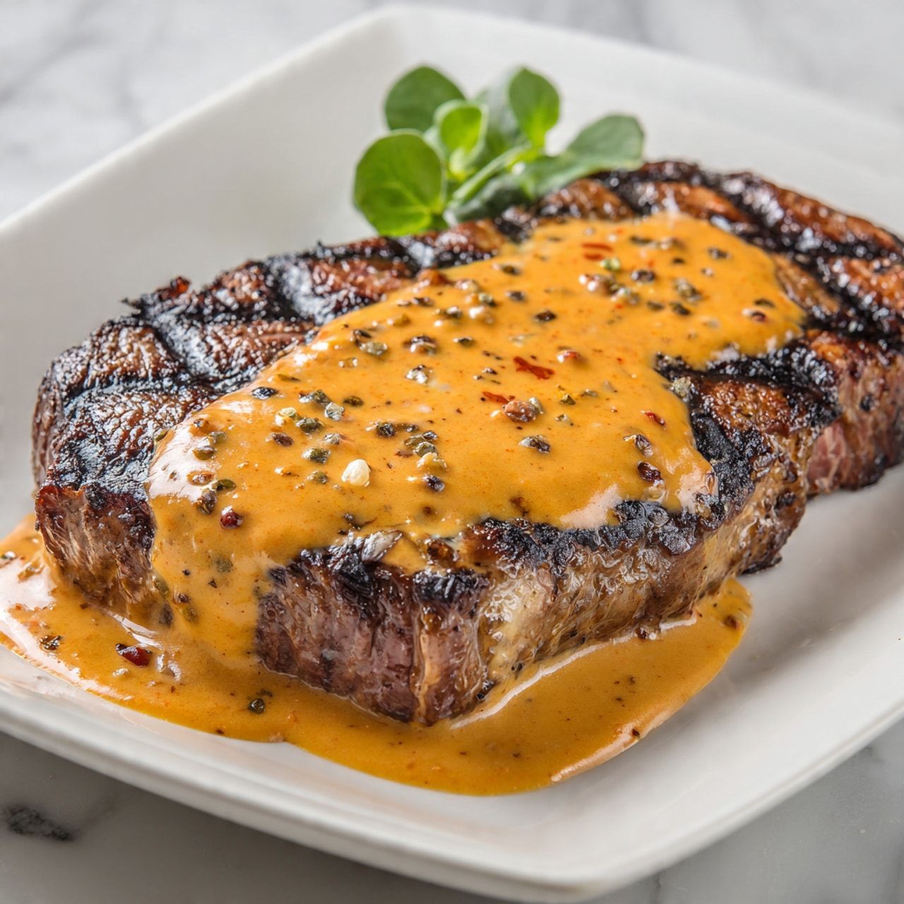 The image shows a grilled steak on a white plate, covered partially with a thick, creamy orange sauce that has visible black pepper specks. The steak has a dark, charred texture with grill marks and is slightly shiny from juices. A small green herb leaf is placed near the top edge of the plate as garnish. The plate sits on a white marbled surface. photo taken with an iphone --ar 4:5 --v 7