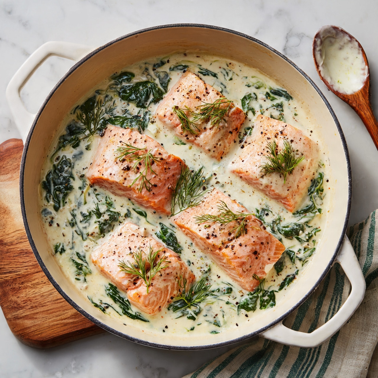The image shows a white cast iron pan filled with four pinkish-orange pieces of cooked salmon partially covered in a thick, creamy white sauce with green spinach leaves mixed throughout. The creamy sauce also has small flecks of black pepper. Fresh sprigs of green dill are scattered evenly on top of the salmon pieces and sauce. The pan is set on a white marbled surface with a wooden board and a white spoon holding some sauce on the right side. A striped cloth with green and beige colors is partially visible next to the pan. photo taken with an iphone --ar 4:5 --v 7