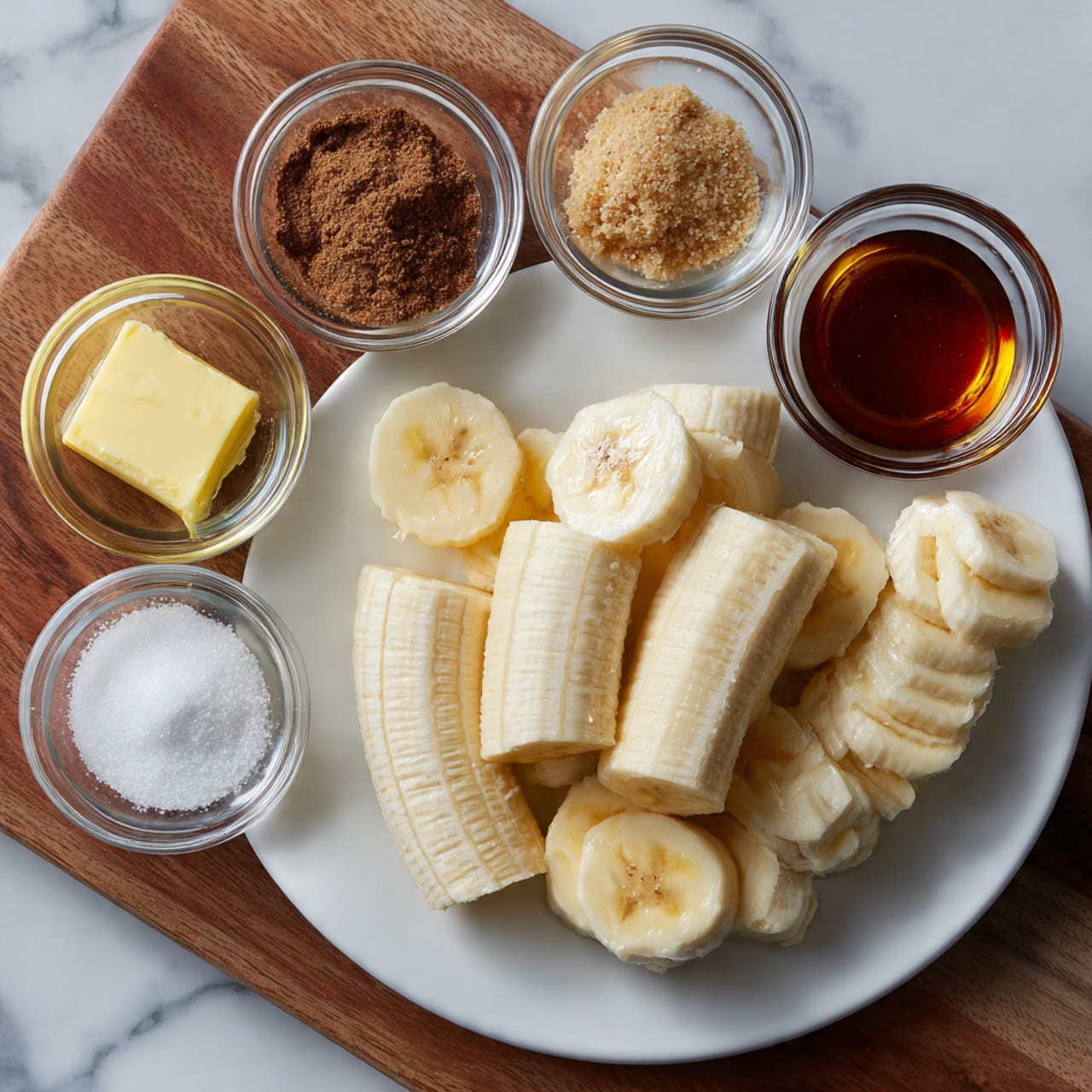 A white plate filled with several peeled bananas cut into long horizontal slices sits at the center. Around the plate, there are small clear glass bowls holding different ingredients: yellow butter, brown sugar, dark syrup, light golden syrup, brown cinnamon powder, white granulated sugar, and a dark amber liquid, all arranged on a wooden table. The background is a white marbled surface. photo taken with an iphone --ar 4:5 --v 7