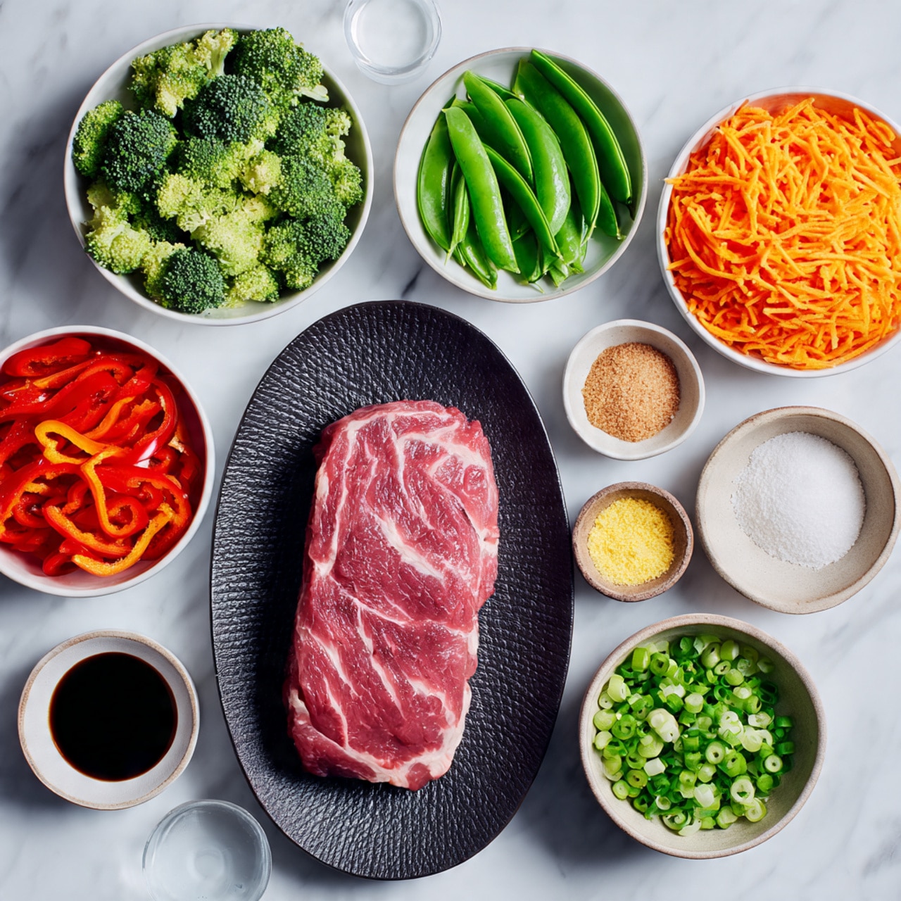The image shows ingredients arranged neatly on a white marbled surface. In the center, a dark textured oval plate holds a raw, pink piece of meat with visible fat lines. Around it, there are several white bowls: at the top left, a bowl filled with bright green broccoli florets; below it, another bowl holds fresh green snap peas. To the top right, a bowl contains shredded bright orange carrots, with a small bowl of light brown powder above it. Below that, another bowl contains light brown sugar. At the bottom right, a bowl is filled with chopped green onions. A small white cup with dark soy sauce is placed near the bottom center, and a bowl with red bell pepper strips is at the bottom left. Other small bowls containing white powder, pale yellow powder, and tiny white granules are scattered around, alongside a small clear glass of light liquid, all evenly spaced. The photo was taken with an iphone --ar 4:5 --v 7