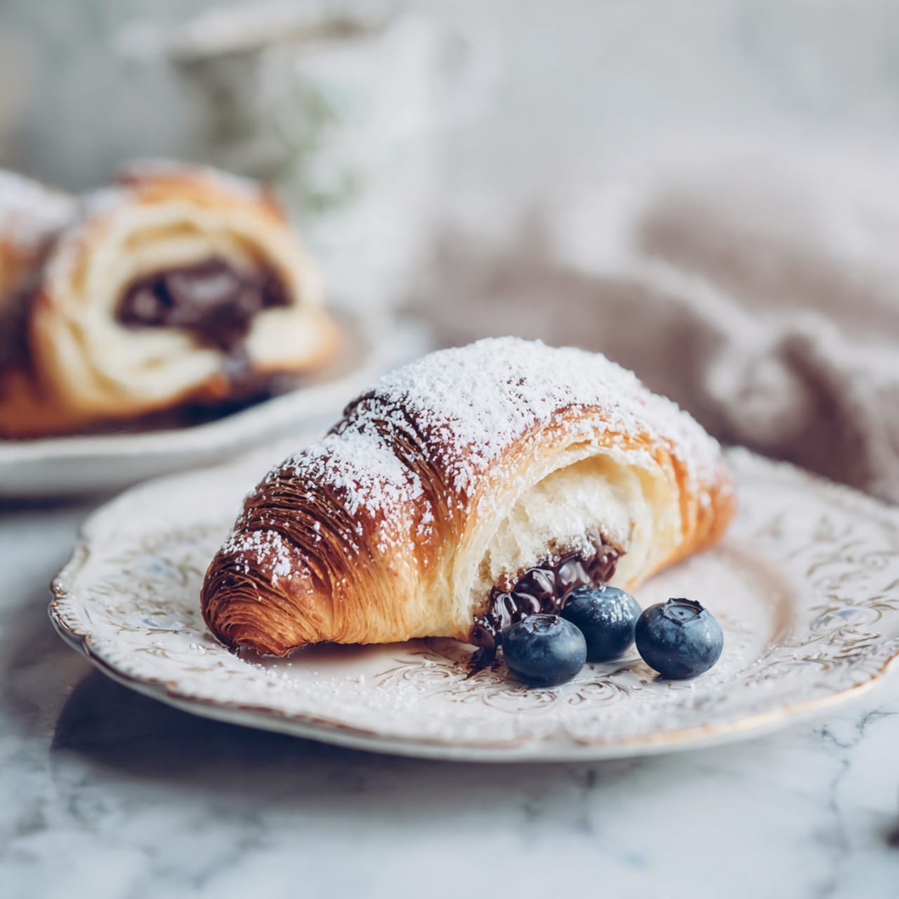A close-up view of a light golden croissant dusted with powdered sugar, placed on a white textured plate with subtle floral patterns. Around the croissant, there are three fresh blueberries adding a dark blue contrast on the plate. In the blurred background, there is a second white textured plate with a half-eaten croissant showing a dark chocolate filling inside. The whole scene sits on a white marbled surface, capturing a soft and natural light. Photo taken with an iphone --ar 4:5 --v 7