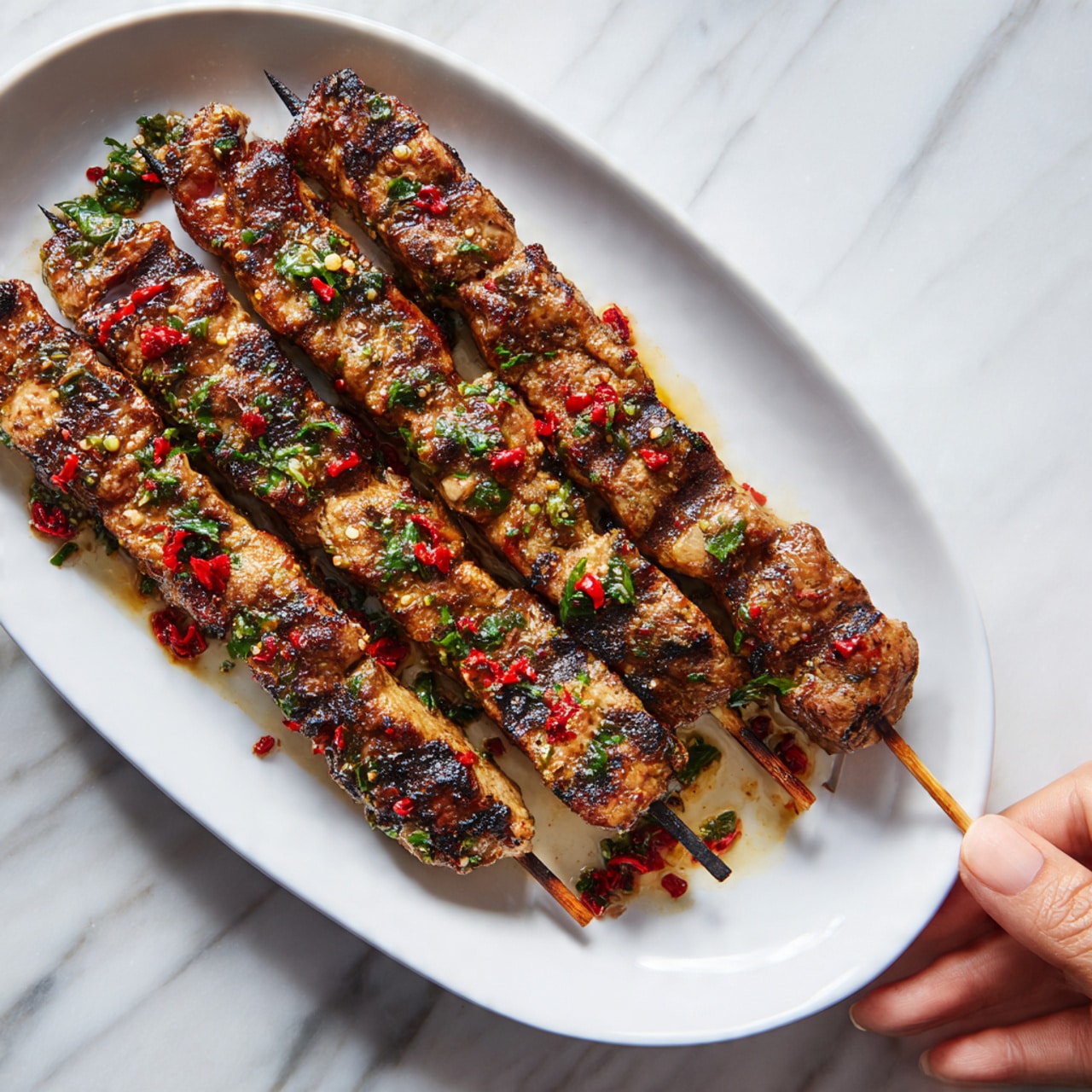 Four skewers of grilled meat with charred edges are placed side by side on a long white plate resting on a white marbled surface. The meat pieces are golden brown with darker grilled marks and small red chili flakes sprinkled on top, giving a mix of spicy and savory look. Tiny green herb bits add a fresh touch scattered over the skewers. A woman's hand is holding one skewer at the bottom right corner of the plate. The photo taken with an iphone --ar 4:5 --v 7