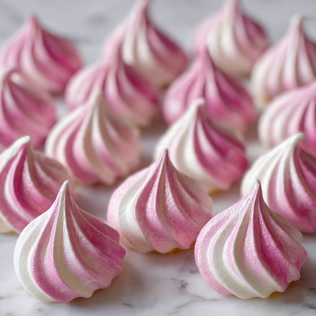 The image shows many small round meringue cookies with a pointed top, arranged close together. Each meringue has white and pink swirled colors, creating a soft and smooth texture that looks light and airy. The pink color is mainly at the top and fades down into white at the bottom. They are all placed on a white marbled surface. The meringues shine gently in the light, which highlights their smooth, glossy finish. photo taken with an iphone --ar 4:5 --v 7