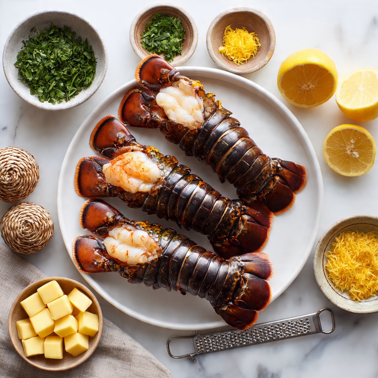 The image shows three lobster tails with dark brown and black shells, with one tail slightly opened to show pale pinkish-white meat inside, all placed on a white plate in the center on a white marbled surface. Around the plate, there are small bowls: one with chopped green herbs at the top, one with minced garlic, one with bright yellow lemon zest near a whole lemon, and one with four yellow butter cubes. Also visible are two woven salt and pepper shakers and a metal grater with some lemon zest on it, all arranged neatly. Photo taken with an iphone --ar 4:5 --v 7