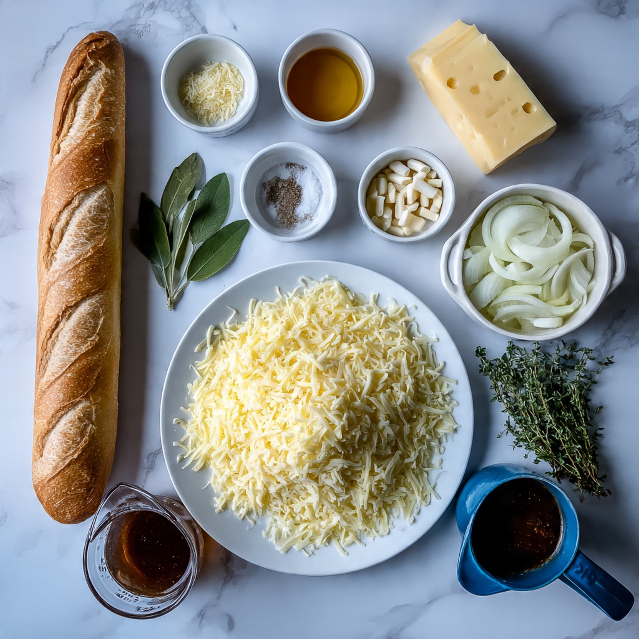 The image shows various ingredients laid out on a white marbled surface. In the center is a white plate piled high with shredded pale yellow cheese, topped with a block of Swiss cheese, pale yellow with holes. To the right is a blue-handled white pot filled with sliced white onions. On the left bottom corner is a long, crusty baguette with a golden-brown crust. Above the cheese plate are several small white and neutral-toned bowls and cups: one with butter sticks, one with a light brown liquid, one with honey-colored liquid, one with a clear liquid, one with chopped garlic, one with seasoning salt and pepper, and one with fresh green herbs including bay leaves and thyme. On the bottom left is a glass measuring cup filled with dark broth. Photo taken with an iphone --ar 4:5 --v 7
