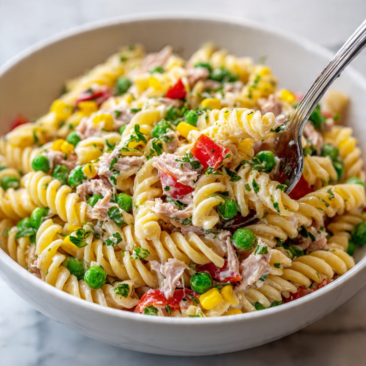 A white bowl filled with a colorful pasta salad consisting of several layers mixed together. The base layer has light yellow spiral rotini pasta mixed with creamy dressing, scattered with bright green peas, small chunks of red bell pepper, and yellow corn kernels. There are also pieces of light brown tuna mixed evenly throughout. Fresh green parsley leaves are sprinkled on top adding a fresh touch. A silver spoon is partially visible inside the bowl, slightly lifting some pasta and vegetables. The bowl sits on a white marbled surface photo taken with an iphone --ar 4:5 --v 7