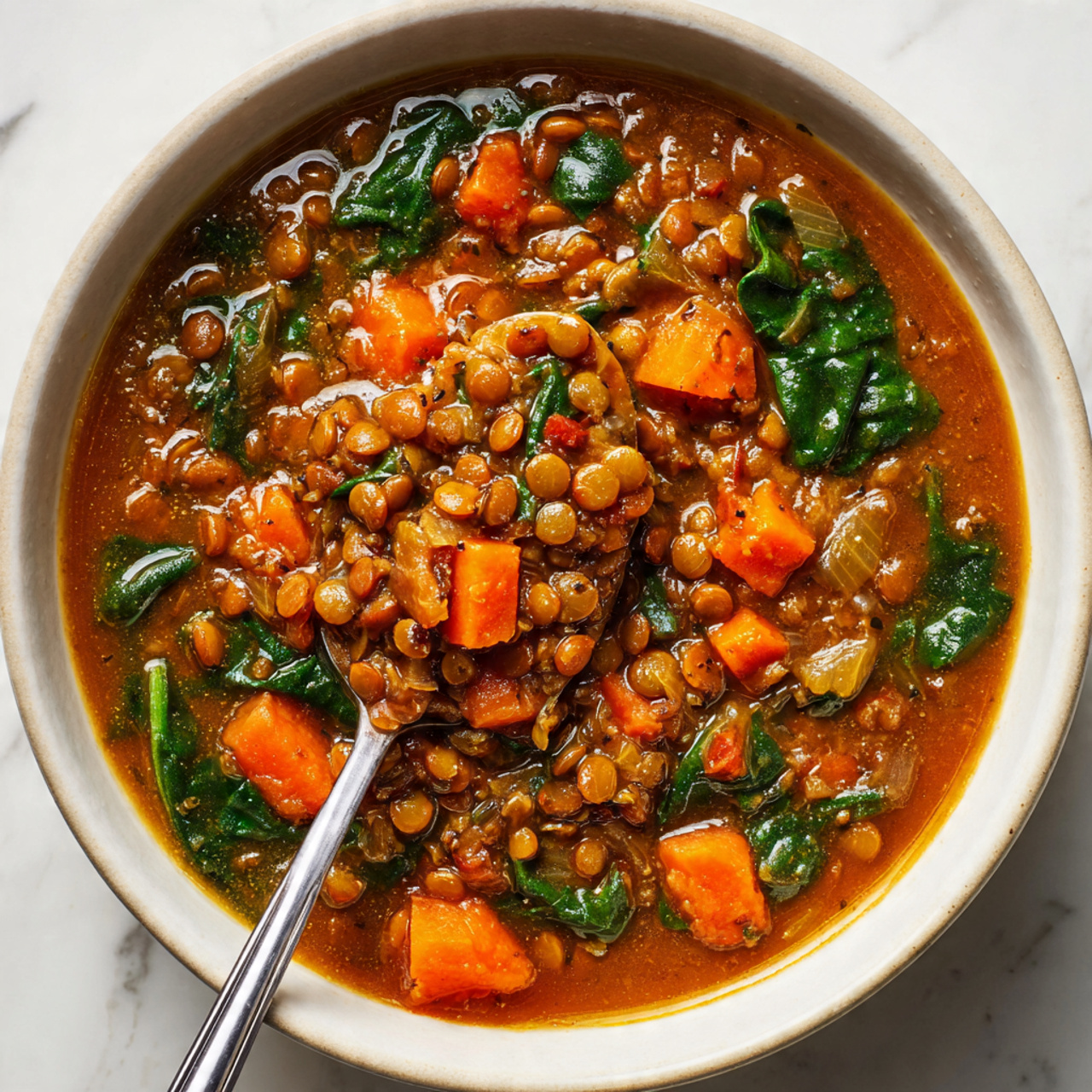 Lentil Soup with Spinach and Feta Cheese Recipe 5 A close-up of a white bowl filled with thick lentil soup, showing multiple layers of ingredients mixed together. The base is a rich, brownish-orange broth with visible small lentils scattered throughout. Bright orange chunks of carrots and bits of onions are seen in the soup, adding texture. Dark green spinach leaves float around the bowl, giving color contrast and freshness. A metal spoon is partially dipped into the soup, lifting a portion full of lentils, carrots, and broth. The surface around the bowl is a white marbled texture. photo taken with an iphone --ar 4:5 --v 7