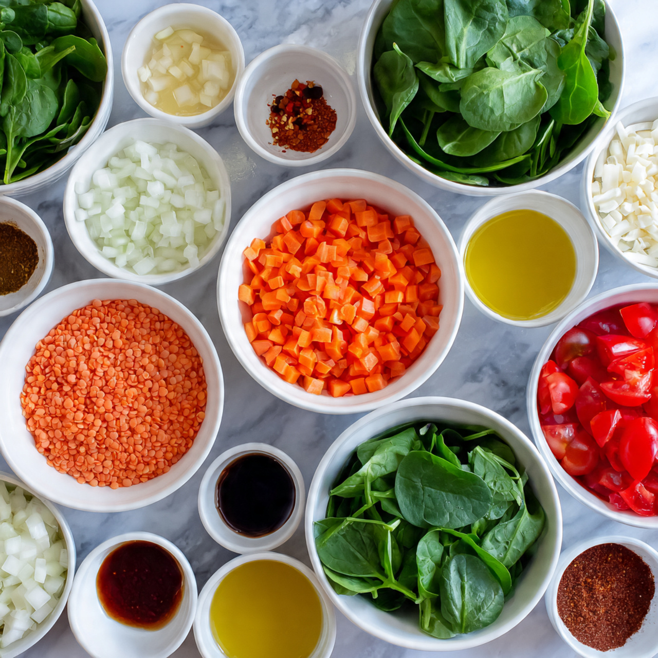 Lentil Soup with Spinach and Feta Cheese Recipe 4 The image shows a white marbled surface with multiple small white bowls arranged neatly. The bowls contain different ingredients: fresh spinach leaves that are bright green, small red lentils with an orange color, finely chopped white onions, diced bright orange carrots, whole fresh red tomatoes, and cubed white cheese. There are also bowls with white salt, yellow lemon juice, red chili flakes, brown spice mix, dark red sauce, and clear liquid oil. The colors are vivid and the bowls are arranged in an organized way, creating a clean and fresh look. Photo taken with an iphone --ar 4:5 --v 7