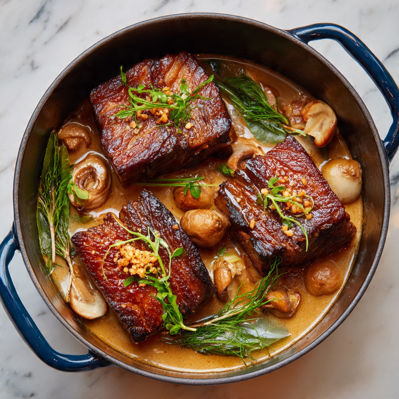 The image shows three pieces of cooked meat with a brown, slightly crispy surface in a dark blue pot. The meat is surrounded by mushrooms and fresh green herbs, all sitting in a light brown sauce. Small bits of garlic or seasoning are visible on top of the meat and sauce. The pot is placed on a white marbled surface, and the overall colors include dark browns, light browns, and soft greens, creating a warm and rich look. Photo taken with an iphone --ar 4:5 --v 7