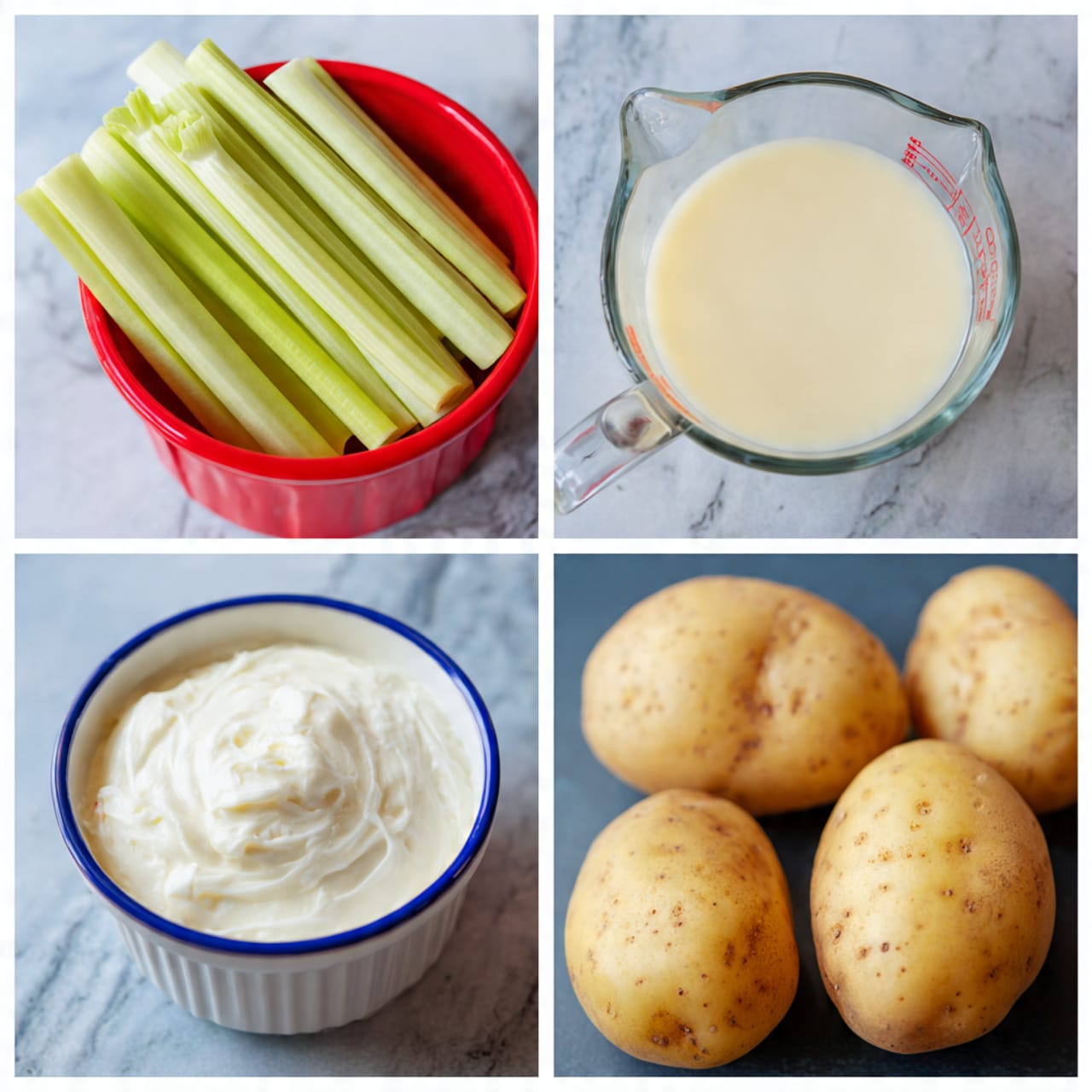 The image shows four close-up shots arranged in a grid on a white marbled surface. The top left shows pale green celery sticks with fibrous texture in a red container. The top right displays a clear glass measuring cup filled with light yellow liquid. The bottom left features a white ceramic bowl with a blue rim, filled with smooth white cream. The bottom right shows three round yellow potatoes with natural brown spots on their skin, resting on a dark surface. photo taken with an iphone --ar 4:5 --v 7